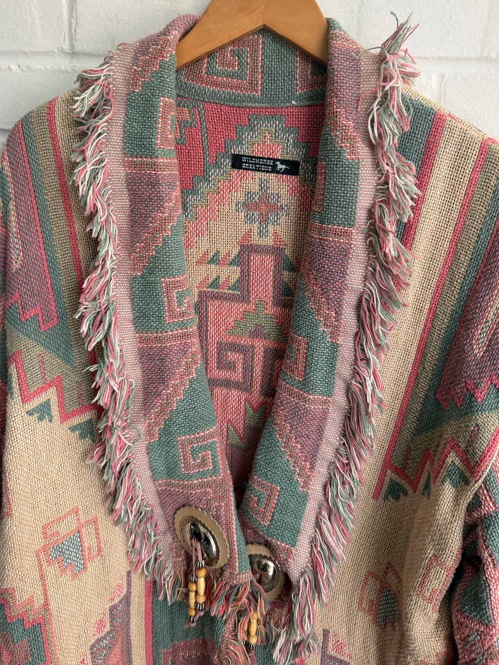 Boho Fringe Jacquard Cardigan Sweater - Pink & Sage - Picture 2 of 8